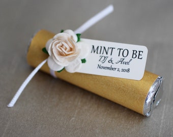 Personalized Wedding Mint Favors: Gold, Ivory Roses, "Mint to Be" Tag