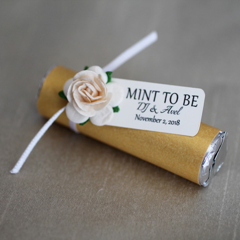 Gold and ivory wedding, mint to be favors with personalized tag, wedding mints, unique wedding, ivory roses, gold wedding anniversary