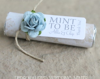 Wedding favors, personalized mints, baby blue theme, 36 mint roll party favors