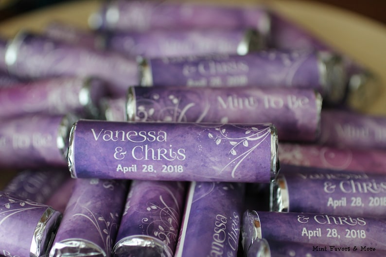 Purple party favors wrapped mint rolls with personalized Etsy