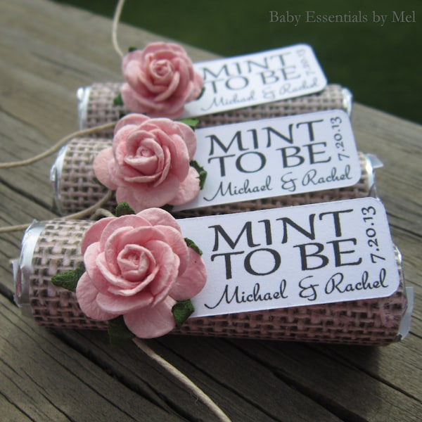 Personalized Mint Wedding Favors: Burlap, Rose, Shabby Chic - Set of 100