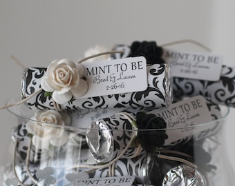 Set of 12 mint favors with personalized tag, black damask wrapper with any rose color