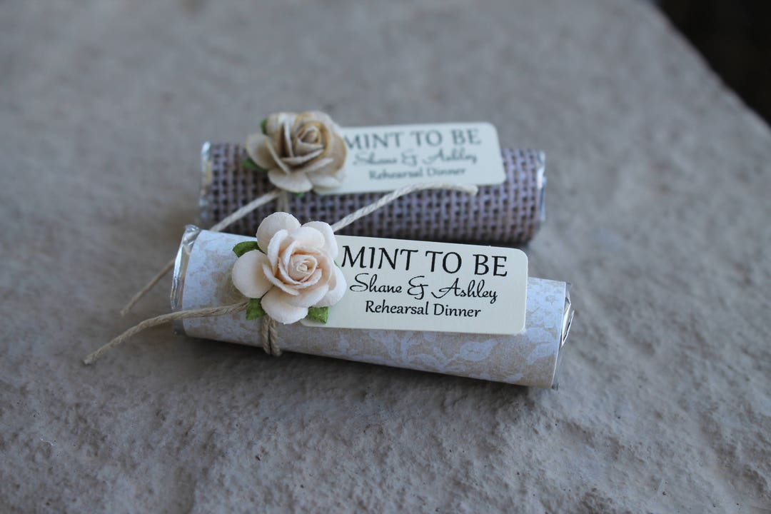 Rehearsal Dinner Favors, Personalized Mints, Burlap and Lace Theme, Set