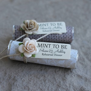 Rehearsal dinner favors, personalized mints, burlap and lace theme, set of 24 mint rolls with roses to match your theme.