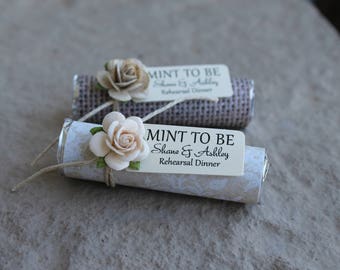 Rehearsal dinner favors, personalized mints, burlap and lace theme, set of 24 mint rolls with roses to match your theme.