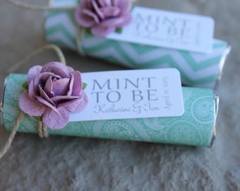 mint wedding favors - Set of 80 mint rolls - "Mint to be" favors with personalized tag - mint theme with lilac roses