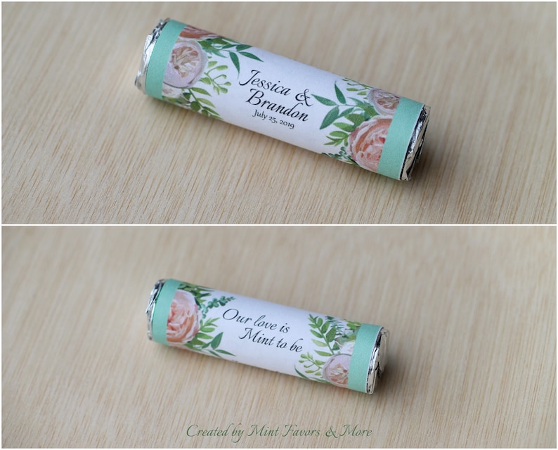 wrapped mint rolls with personalized label floral mint wrapper Wedding favors our love is mint to be