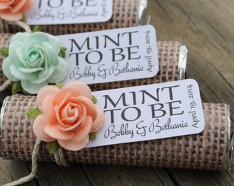 Rustic wedding favors - Set of 80 mint rolls - "Mint to be" favors with personalized tag - burlap theme with mint and peach embellishments