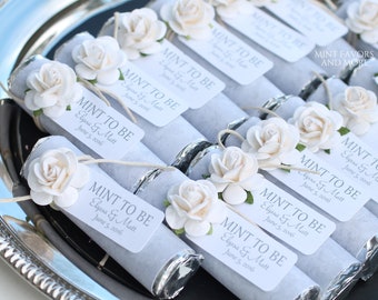 Personalized Wedding Mint Favors: Elegant White Rose Decor