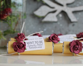 Gold wedding favors, burgundy roses, custom "Mint to be" favors with personalized tag - choose any rose color, custom mint favors