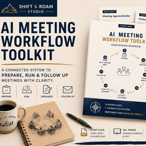 May include: An AI Meeting Workflow Toolkit digital download PDF set featuring a system overview document with a circular process diagram, multiple workflow pages, a spiral notebook with a meeting illustration, and a coffee mug on a desk.