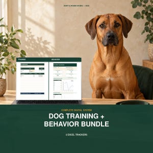 May include: A laptop screen displays a digital dog training and behaviour tracking system with charts and tables. Below the screen, text reads: COMPLETE DIGITAL SYSTEM DOG TRAINING + BEHAVIOUR BUNDLE 2 EXCEL TRACKERS. A brown dog sits nearby.