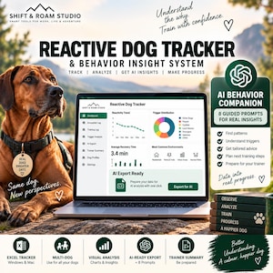 Könnte beinhalten: Ein digitales System zur Verfolgung und Verhaltensanalyse für reaktive Hunde auf einem Laptop-Bildschirm, mit Diagrammen und Protokollen. Ein brauner Hund mit einer Marke, auf der Real Dogs Brighter Days steht, sitzt neben dem Laptop.