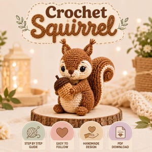 May include: A brown and cream crochet squirrel holding a brown acorn. The text Crochet Squirrel appears at the top. Four circular icons at the bottom display the text Step by Step Guide, Easy to Follow, Handmade Design, and PDF Download.