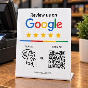 Könnte beinhalten: Ein weißes, rechteckiges Acrylschild mit dem Text Review us on Google, fünf gelben Sternen und einer bunten horizontalen Linie. Es enthält ein schwarzes NFC-Symbol, einen QR-Code sowie den Text TAP ME, OR, SCAN QR und Powered by ABC RFID.