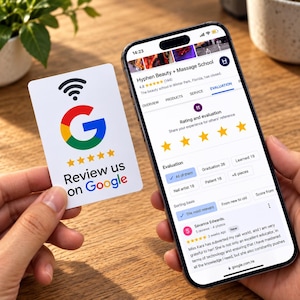 Könnte beinhalten: Eine weiße rechteckige Karte mit einem schwarzen WLAN-Symbol, einem bunten Google G-Logo, fünf gelben Sternen und dem Text Review us on Google, gehalten neben einem Smartphone, das die Google-Bewertungsseite der Hyphen Beauty + Massage School anzeigt.