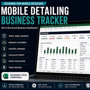 May include: A laptop screen displaying a Mobile Detailing Business Tracker Excel dashboard with financial metrics, job lists, and service charts. The interface includes sections for revenue, expenses, profit, and customer data, with a dark blue and white color scheme.