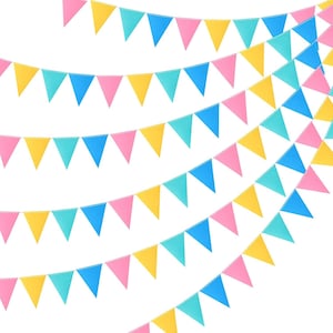 May include: A decorative bunting banner featuring multiple rows of triangular pennants in alternating colors of pink, yellow, turquoise, and blue. The pennants are arranged in cascading, curved lines against a plain white background.