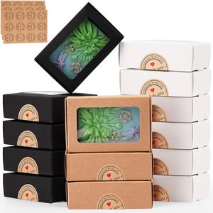 May include: A collection of rectangular gift boxes in black, white, and brown kraft paper, each featuring a clear window revealing a green succulent and dragonfly soap. Each box is sealed with a round sticker labeled Handmade With Love.