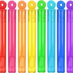 May include: A set of eight cylindrical bubble wands in a vibrant rainbow spectrum, including red, pink, orange, yellow, green, light blue, dark blue, and purple. Each translucent plastic tube features a circular handle with a spiral design.