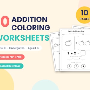May include: A set of 10 addition coloring worksheets for children featuring math problems with apples and ladybugs. The pages include spaces for names, dates, and counting exercises with multiple-choice answers in a clear, black and white layout.