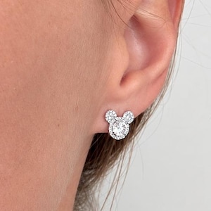 Sterling Silver Diamond Mickey Mouse Stud Earrings, 0.50ct Halo Design