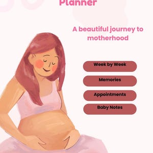 Könnte beinhalten: Ein Schwangerschaftsplaner in Rosa und Weiß mit einer Illustration einer Person, die ihren Bauch hält. Der Text umfasst My Pregnancy Planner, A beautiful journey to motherhood, Week by Week, Memories, Appointments und Baby Notes.