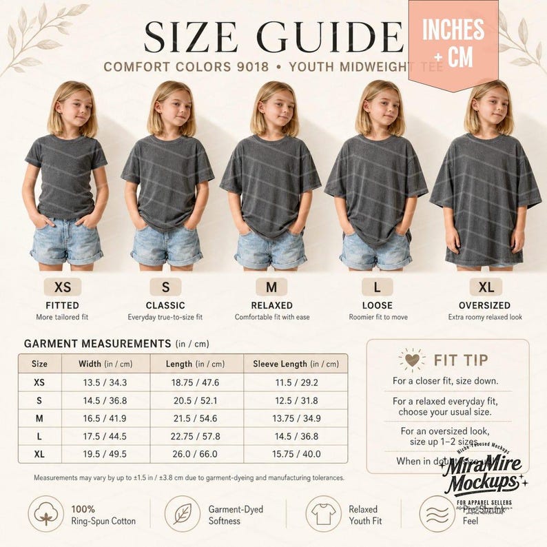 Pode incluir: Um guia de tamanhos para t-shirts juvenis de peso m&eacute;dio Comfort Colors 9018, mostrando cinco crian&ccedil;as com tamanhos de XS a XL. Inclui uma tabela de medidas da pe&ccedil;a em polegadas e cent&iacute;metros, descri&ccedil;&otilde;es de ajuste e dicas de tamanho.