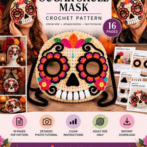 Puede incluir: Un patrón de ganchillo para una máscara de calavera de azúcar, que incluye un PDF de 16 páginas con instrucciones paso a paso y fotos. La máscara es de color crema con detalles florales en negro, rosa, naranja y turquesa alrededor de los ojos.