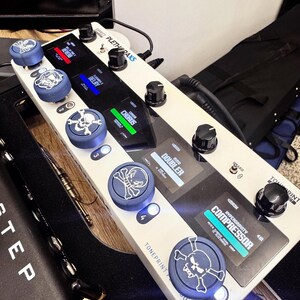 Könnte beinhalten: Ein weißes TC Electronic Plethora X5 Multieffekt-Pedalboard mit fünf blauen Fußschalter-Kappen, die mit weißen Totenkopf- und Knochenmotiven bedruckt sind. Das Gerät verfügt über digitale Displays für Reverb, Delay, Chorus, Doubler und Hypergravity Compressor Effekte sowie schwarze Drehregler und Kippschalter.