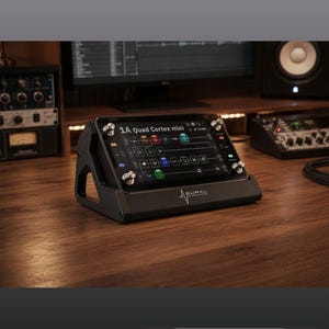 May include: A black Neural DSP Quad Cortex mini guitar processor featuring a touchscreen display with the text 1A Quad Cortex mini, multiple footswitches, and a textured side panel, positioned on a wooden surface in a studio environment.
