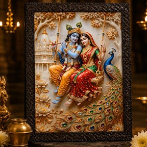 May include: A framed 3D relief wall art piece depicting the Hindu deities Krishna and Radha sitting on a swing. Krishna has blue skin and plays a flute, while Radha wears a red and green sari. A peacock with colourful feathers stands nearby.