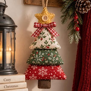 May include: A hanging fabric Christmas tree ornament composed of three stacked triangular segments in red with white snowflakes, green with white foliage, and cream with red berries. It features a yellow star top with a button and a red gingham bow.