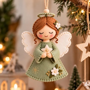 May include: A felt angel ornament featuring a sage green dress with embroidered white flowers and a gold star, brown hair, a halo, and white scalloped wings. The figure has a soft beige face with closed eyes and pink cheeks, suspended by a beige cord.