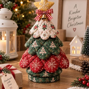 Op de afbeelding: Een decoratieve kerstboomsculptuur opgebouwd uit gelaagde, doorgestikte stoffen ovenwanten in rood, groen en crème met sneeuwvlok- en boompatronen. Een gele stoffen ster siert de top, afgewerkt met een rood-wit geblokte strik en een klein gouden belletje.