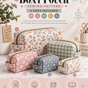 May include: A digital PDF sewing pattern for a boxy pouch, featuring five sizes from XS to XL. The image displays five pouches in various floral and gingham prints with zipper closures and side handles, alongside text including Sew Your Own Boxy Pouch.