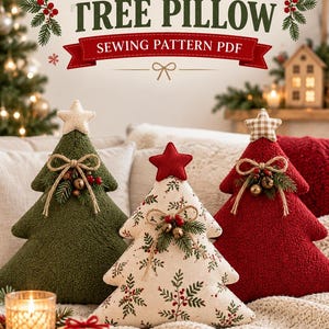 May include: Three Christmas tree-shaped pillows featuring a PDF sewing pattern. One is dark green, one is red, and one is cream with a red and green botanical print. Each has a star topper, a jute bow, small bells, and faux greenery.