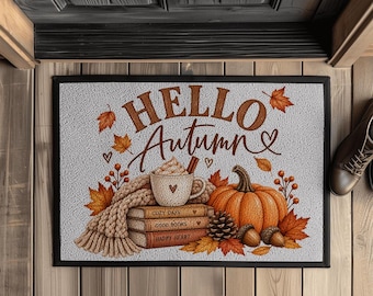 Zerbino autunnale con bordo in gomma | Zerbino "Ciao Autunno" | Decorazione autunnale con zucca e foglie | Zerbino accogliente per l'ingresso