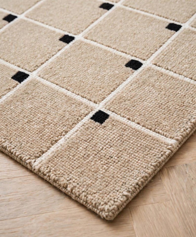 Hand Tufted Wool Runner Rug | Beige Grid Hallway Runner | Geometric ...