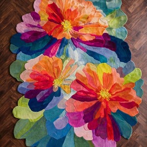 Tapis en laine tufté à la main | Tapis à motif floral | Tapis multicolore à fleurs botaniques | Tapis Vibgyor