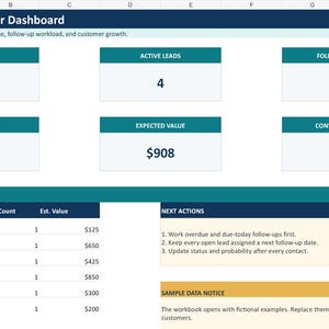 May include: A Lead & Customer Dashboard spreadsheet displaying metrics including Total Leads 6, Active Leads 4, Follow-ups Due 1, Pipeline Value $2,050, Expected Value $908, and Conversion Rate 50%. It includes a Pipeline by Status table and Next Actions list.