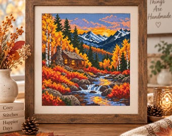 Colorado Mountain Cabin Cross Stitch Pattern – Autumn Rocky Mountain Landscape PDF