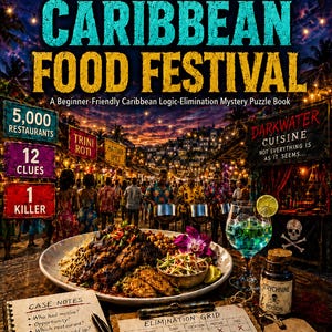 Puede incluir: Una portada de libro titulada Murder at the Caribbean Food Festival, con un plato de comida, un cóctel, una lupa y un cuaderno de notas. El texto incluye 5.000 restaurantes, 12 pistas, 1 asesino y el nombre del autor Kai Jones-Biscette.
