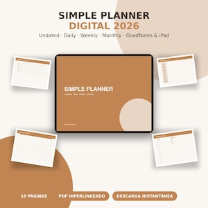 Puede incluir: Un planificador digital titulado SIMPLE PLANNER DIGITAL 2026 con diseños diarios, semanales y mensuales sin fecha para GoodNotes y iPad. La interfaz es de color marrón con detalles en crema, mostrando cuatro plantillas de página distintas.