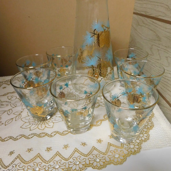 Libbey Pine cone Carafe Turquoise Gold Pinecones & 7 glasses David Douglas