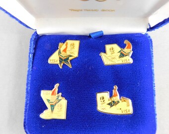 1992 Visa Albertville Winter Olympics Pin Set 4 Pins W Blue Case