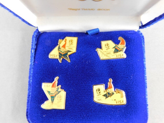 1992 Visa Albertville Winter Olympics Pin Set 4 Pins W Blue Case