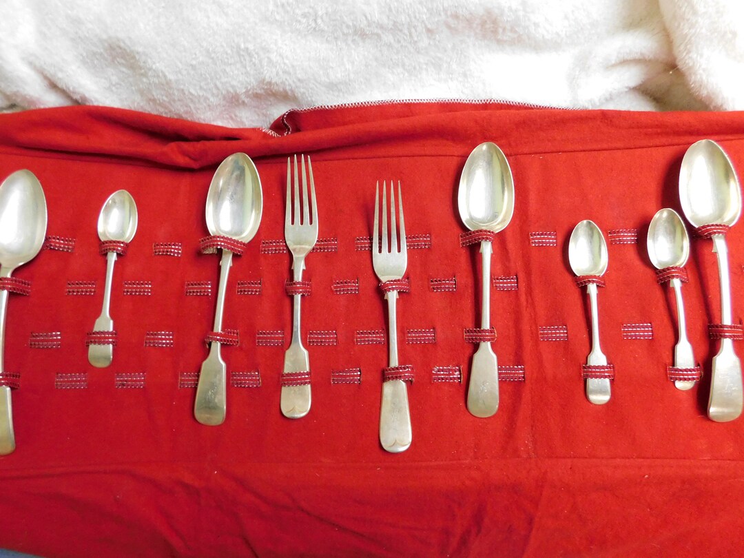 Antique Silver Large Serving Spoons Forks Fiddle Pattern Old Etsy