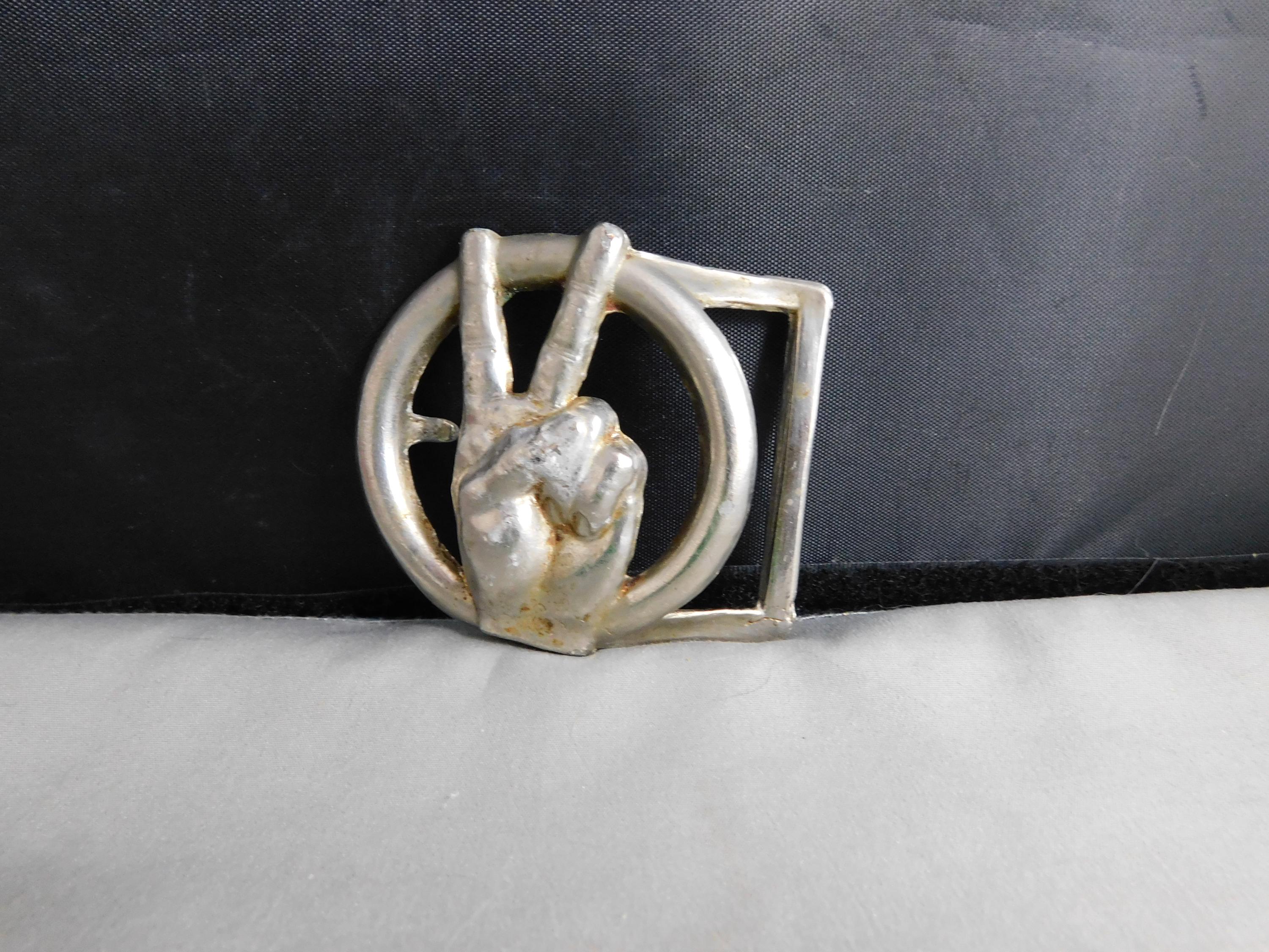 Outstanding Vintage Heavy Metal Finger Peace Sign Belt Buckle Leather Belt? Artisan Handcrafted My World Peace Sign Leather Belt  main image 2
