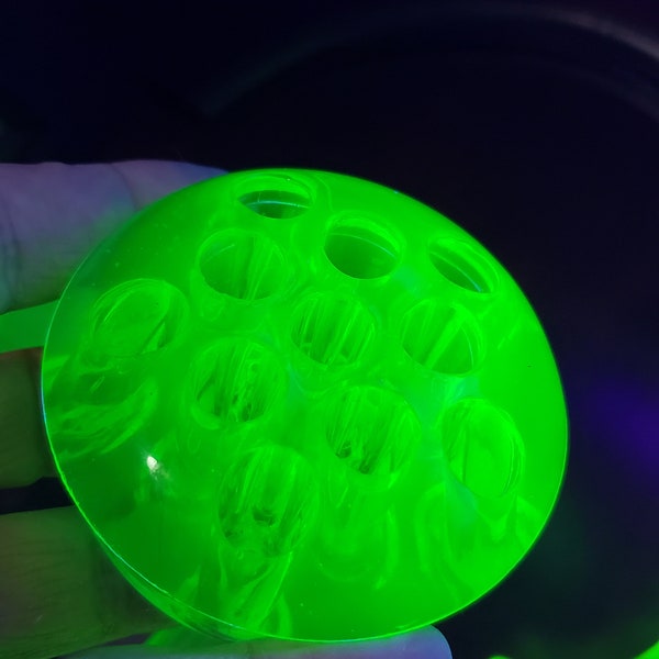 Vintage Green Uranium Glass Flower Frog or Pen Holder 11 Hole Depression Glass